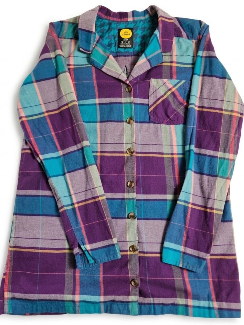 Life is Good Plaid Flannel Sleepshirt Medium Purple Teal Cozy Button Front Tunic